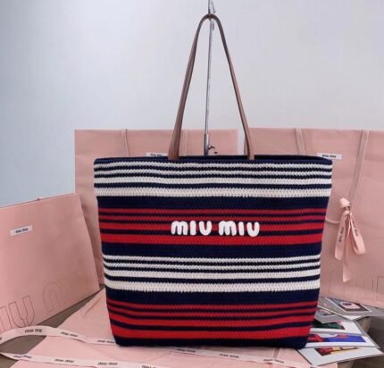 Miu Miu Striped Crochet-Knit Tote Bag – Red / White / Blue