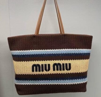 Miu Miu Multicolored Raffia Effect Shopping Bag - cocoa brown, celeste , and natural