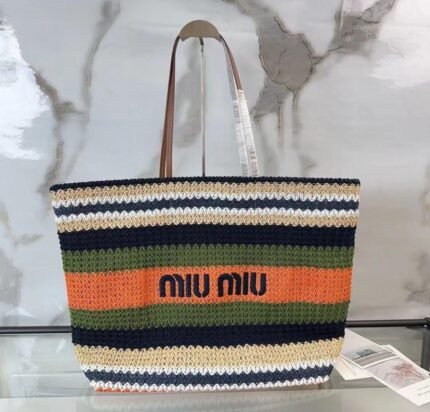 Miu Miu Multi-Colored Canvas Tote Bag – Navy / Orange / Olive Green / Beige