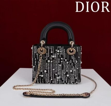 Dior Lady Dior – Black Satin with White Resin Pearls