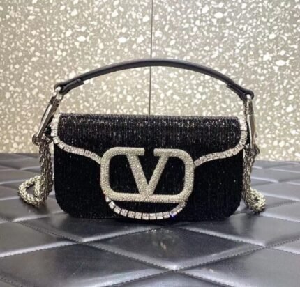Valentino Garavani Locò Small Shoulder Bag – Black with Silver Crystal Embellishments