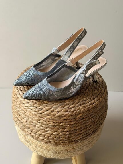 Grey Embroidered Mesh Slingback Heels