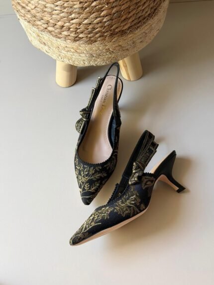 Black & Gold Embroidered Slingback Heels
