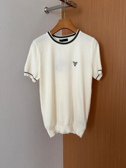 Luxury Ivory Minimal Logo Knit T-Shirt