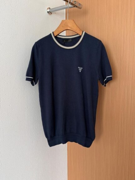 Navy Blue Minimal Logo Knit T-Shirt