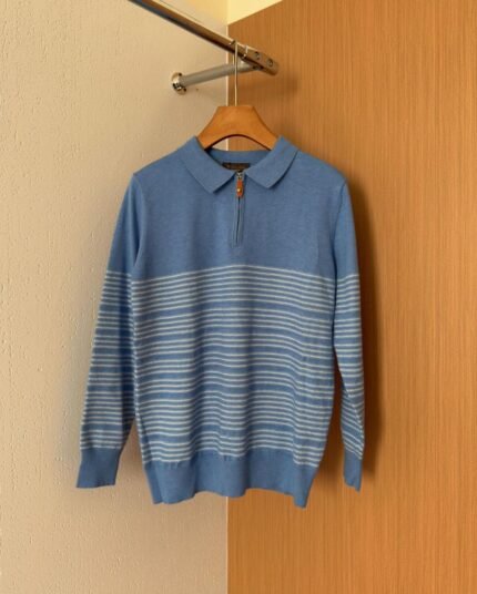 Sky Blue Striped Zip Polo Sweater