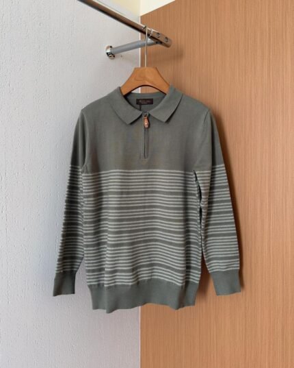 green Striped Zip Polo Sweater