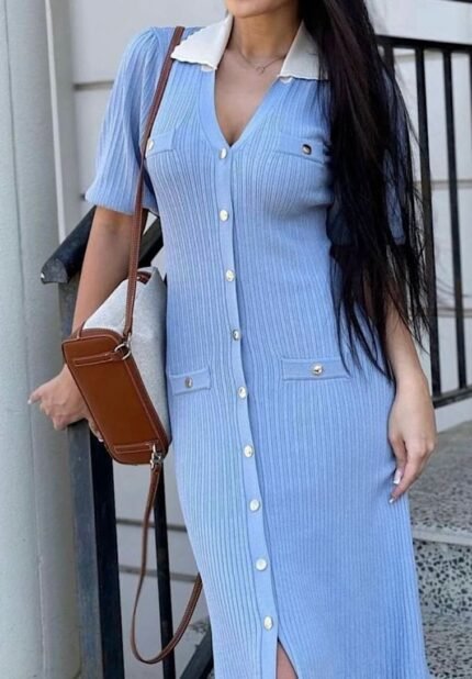 Sky Blue Collared Knit Dress