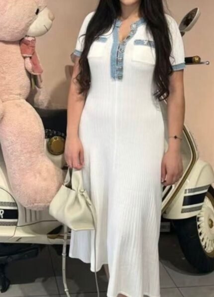 Elegant Ribbed Contrast Midi Dress (White & Blue)