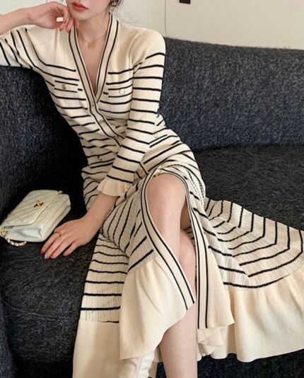 Classic Striped Knit Button Dress (Beige & Black)