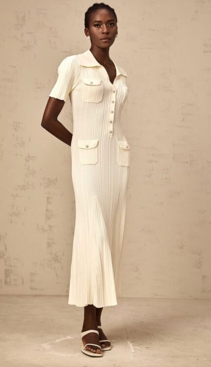 Minimal Luxe Ribbed Shirt Dress (Ivory)