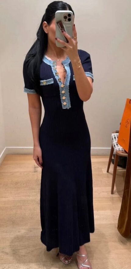 Modern Contrast Ribbed Maxi Dress (Black & Blue Trim)