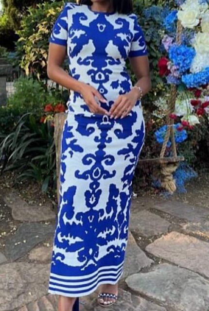 Royal Print Bodycon Maxi Dress (Blue & White)