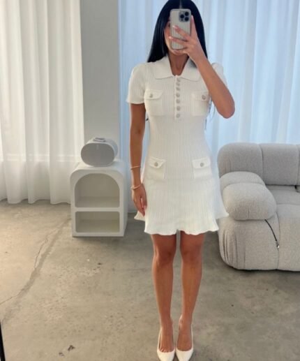 Elegant Ribbed Button Mini Dress (White)