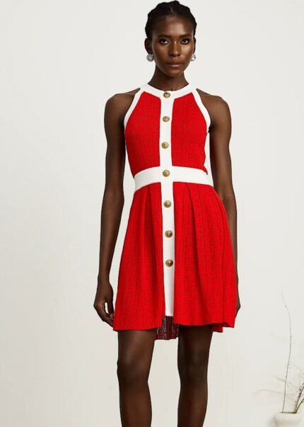 Crimson Contrast Button Dress